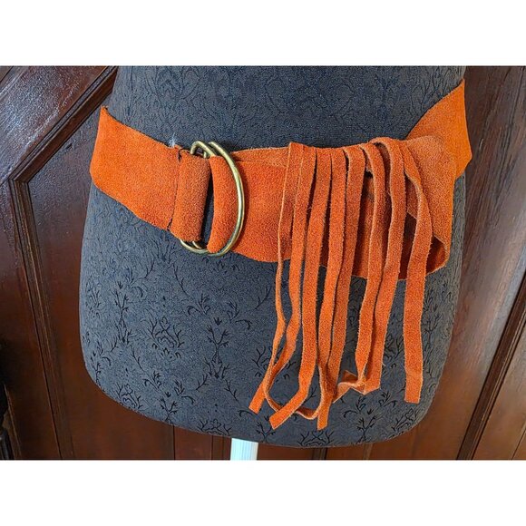 Kim Craftsman Orange Suede Belt With Fringe & Brass D-Ring Buckle - Picture 1 of 10